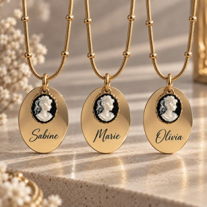 Personalisierte Namenskette aus Edelstahl,  Vintage Style,  Gravur Kette Gold , Cameo Halskette, Viktorianisch, Geschenk für Mama, Schwester